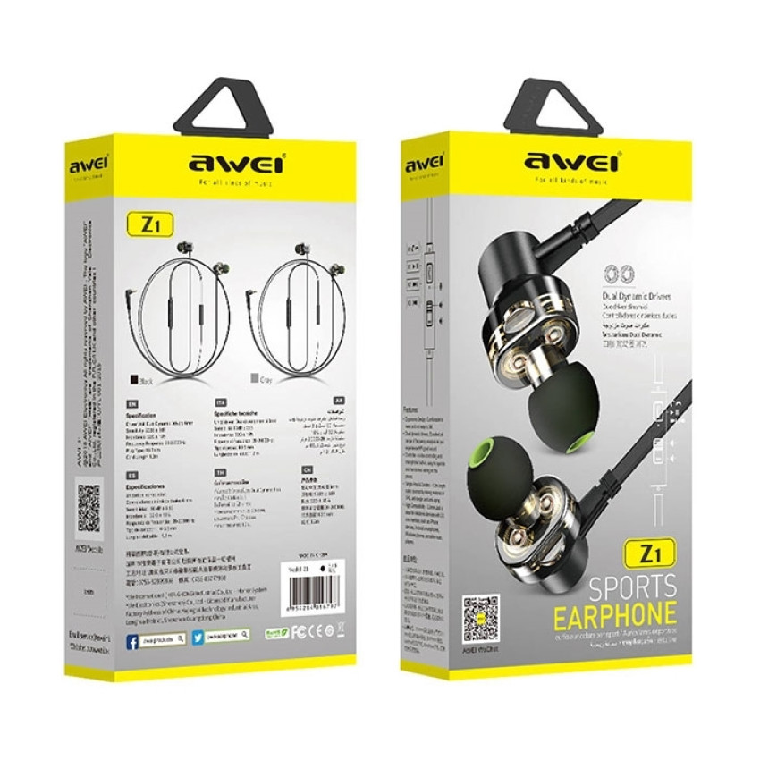 Awei Z1 Ενσύρματα Ακουστικά Wired Earphones Sport Dual Dynamic Drivers Headset - Χρώμα: Μαύρο
