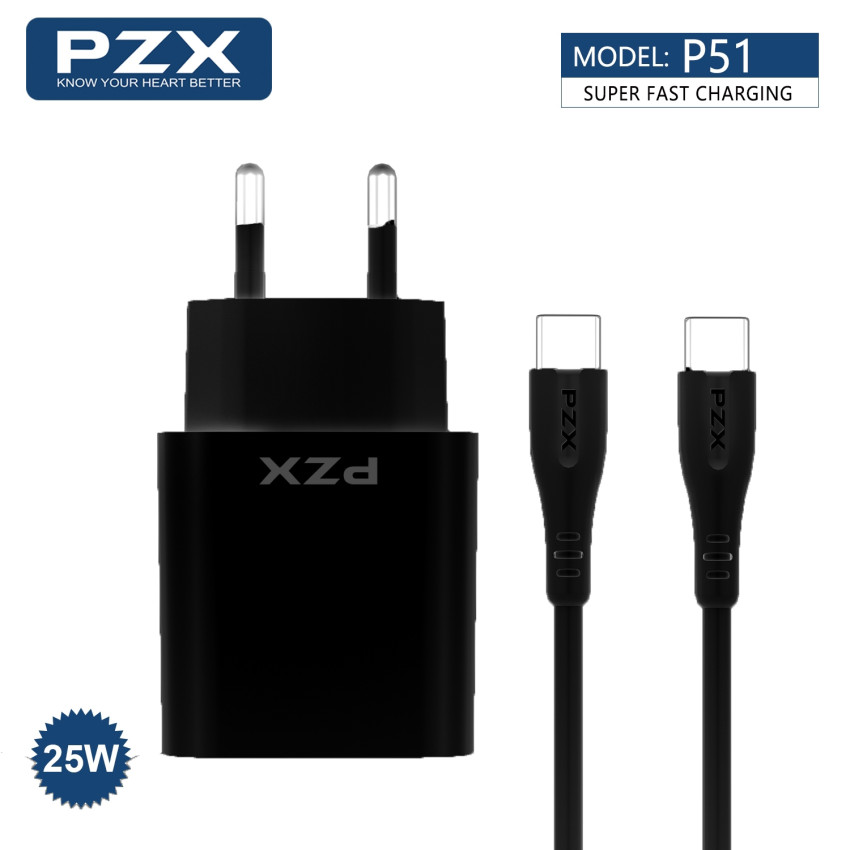 PZX P51 Fast Charging Φορτιστής SmartPhone με 1 θύρα Type-C & Καλώδιο σε Type-C 25W - Χρώμα: Μαύρο