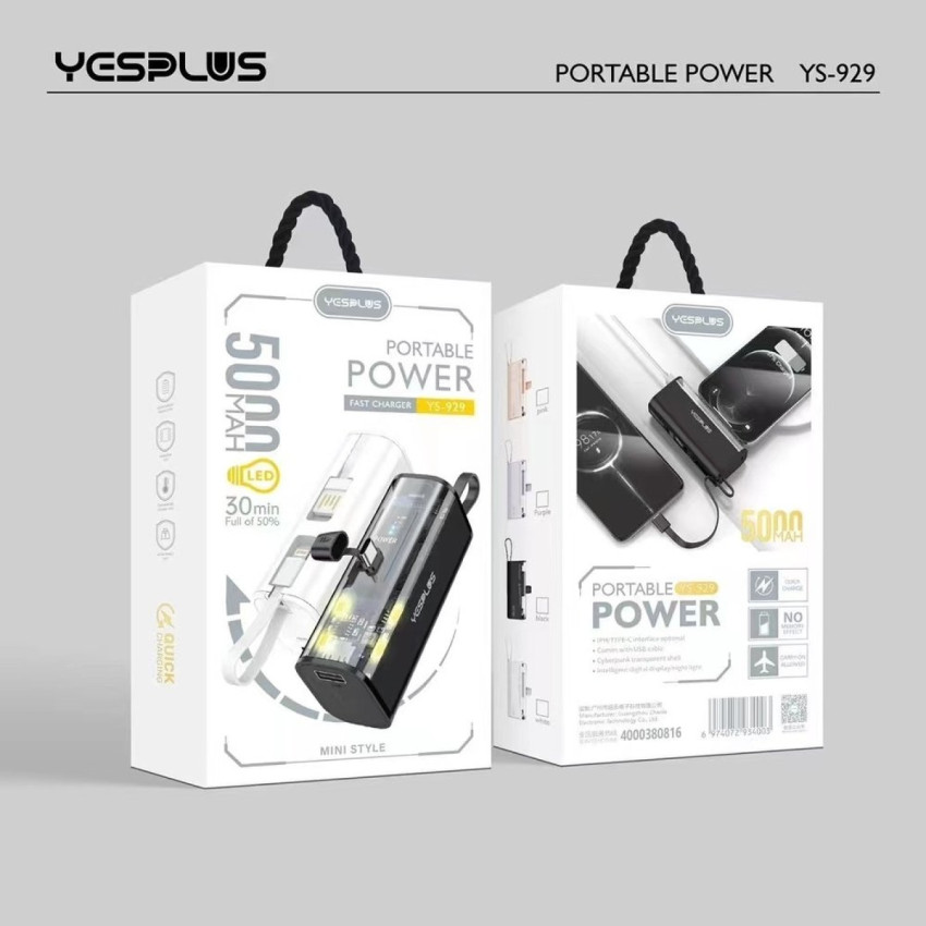 YESPLUS YS-929 Μίνι PowerBank Γρήγορης Φόρτισης με Θύρα USB-A & Καλώδιο Type-C & Lightning 5000mAh - Χρώμα: Μαύρο