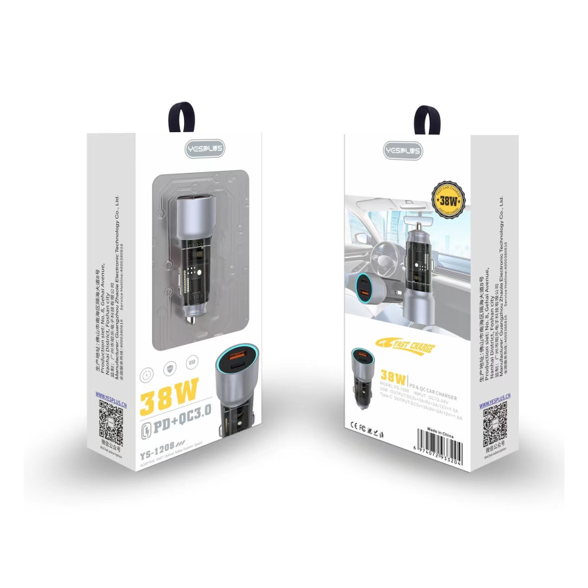 YESPLUS YS-1208 Διπλός LED Φορτιστής Αυτοκινήτου με Υποδοχή Type-C & USB-A 38W - Χρώμα: Ασημί