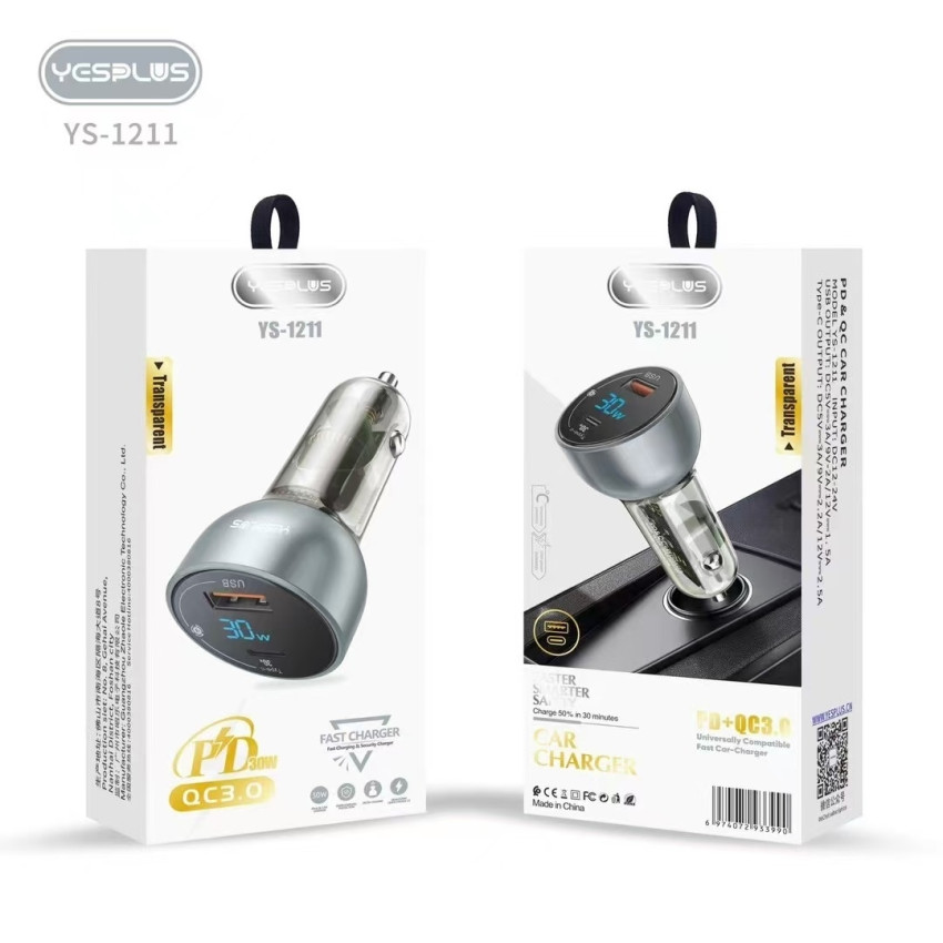 YESPLUS YS-1211 Διπλός LED Φορτιστής Αυτοκινήτου με Υποδοχή Type-C & USB-A 30W - Χρώμα: Ασημί