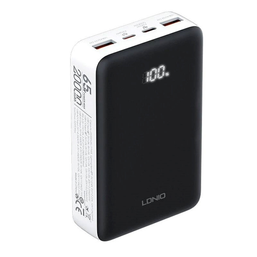 LDNIO PQ27 65W 20000mAh Ψηφιακή Οθόνη Γρήγορης Φόρτισης με 2 Εισόδους και 3 Εξόδους - Χρώμα: Μαύρο