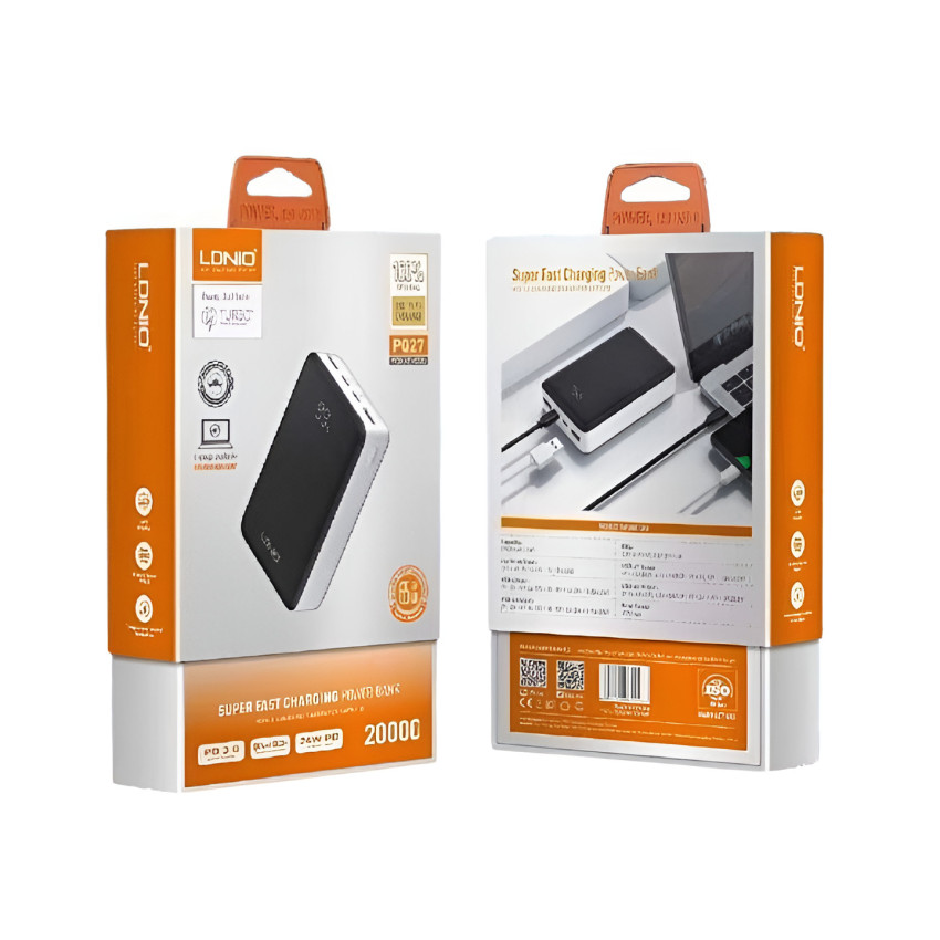 LDNIO PQ27 65W 20000mAh Ψηφιακή Οθόνη Γρήγορης Φόρτισης με 2 Εισόδους και 3 Εξόδους - Χρώμα: Μαύρο