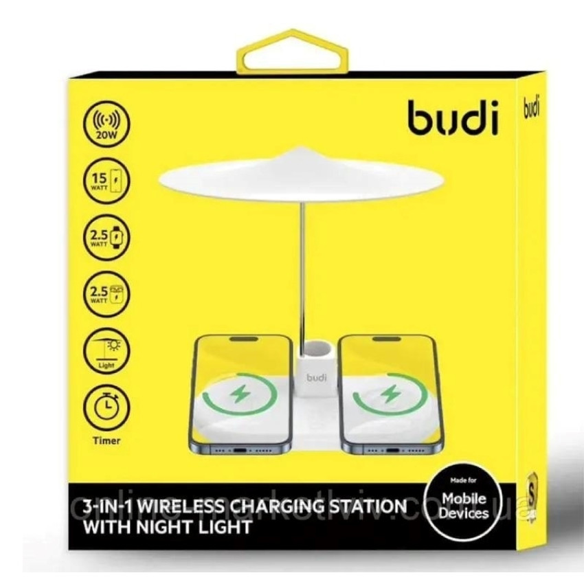 Budi (WL4800W) 20W Ασύρματη Βάση Φόρτισης 2 Ταυτόχρονων Κινητών με Νυχτερινό Φως 3-in-1 - Χρώμα: Λευκό