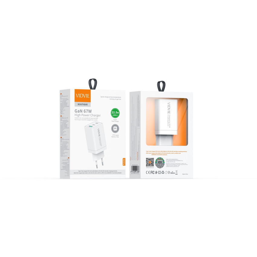VIDVIE PLE242C Φορτιστής GaN με 1 Θύρες USB-A 22.5W & 2 Θύρες USB-C 67W Power Delivery - Χρώμα: Λευκό