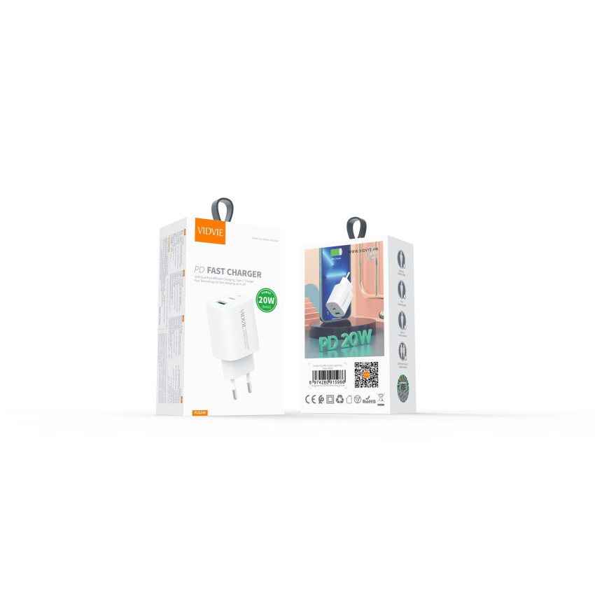VIDVIE PLE248i PD 20W Φορτιστής με 1 Θύρες USB-A & 1 Θύρες USB-C & Καλώδιο USB-A σε Lightning - Χρώμα: Λευκό