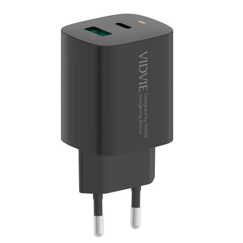 VIDVIE PLE248i PD 20W Φορτιστής με 1 Θύρες USB-A & 1 Θύρες USB-C & Καλώδιο USB-A σε Lightning - Χρώμα: Μαύρο