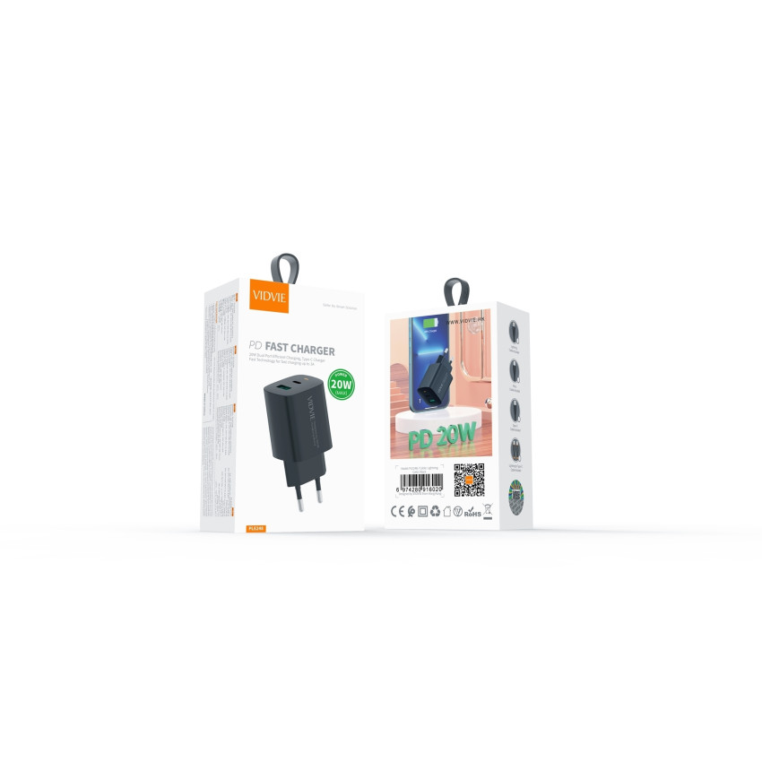VIDVIE PLE248i PD 20W Φορτιστής με 1 Θύρες USB-A & 1 Θύρες USB-C & Καλώδιο USB-A σε Lightning - Χρώμα: Μαύρο