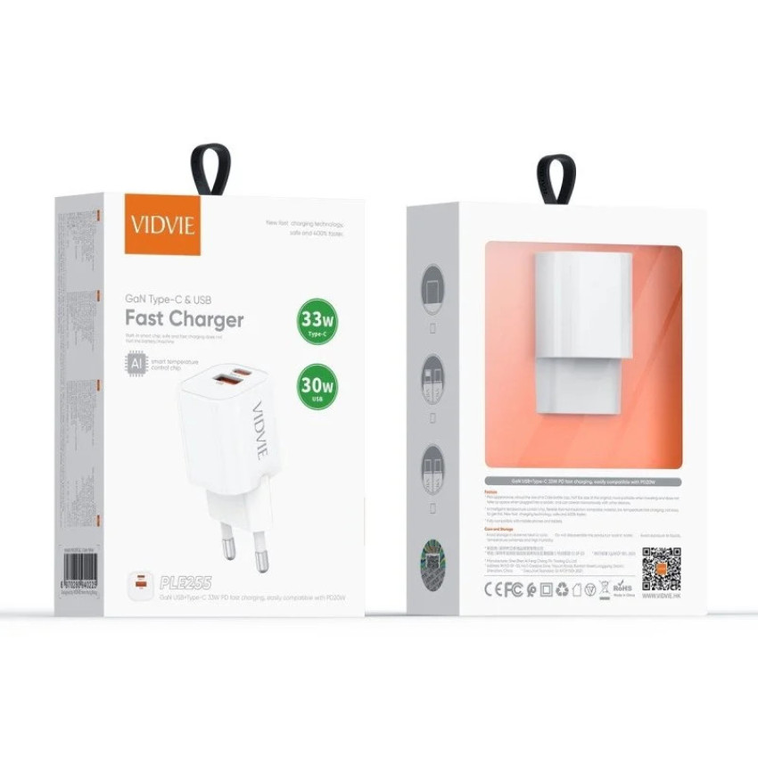 VIDVIE PLE255C&C PD 33W Φορτιστής GaN με 1 Θύρες USB-A & 1 Θύρες USB-C & Καλώδιο Type-C σε Type-C - Χρώμα: Λευκό