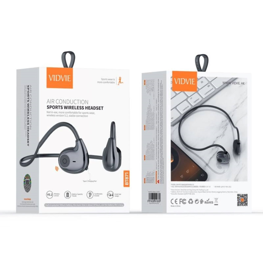 VIDVIE BT871 Ακουστικά Bluetooth με Αντοχή στον Ιδρώτα Air conduction Sports Wireless Headset - Χρώμα: Μαύρο