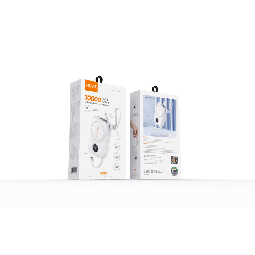 VIDVIE PB776 PowerBank 10000mAh 20W με Θύρα USB-A & Καλώδιο Type-C & Lightning - Χρώμα: Λευκό