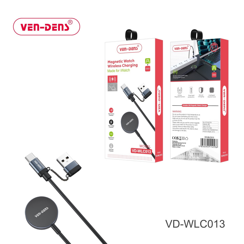 VEN-DENS VD-WLC013 Μαγνητικός Ασύρματος Φορτιστής με Καλώδιο 2x Θύρες USB-Type-C & USB-A για Apple Watch 4W - Μαύρο