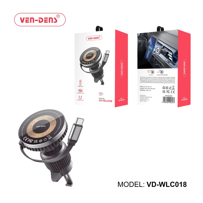 VEN-DENS VD-WLC018 Μαγνητική Βάση Κινητού Αυτοκινήτου με Καλώδιο Φόρτισης Type-C 1m - Χρώμα: Μαύρο