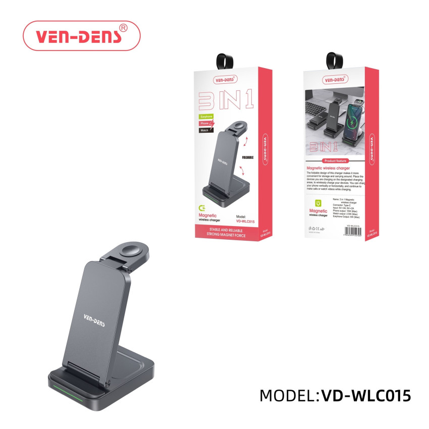 VEN-DENS VD-WLC015 Επιτραπέζια Βάση Κινητού με Ασύρματη Φόρτιση για Κινητό / Ακουστικά / SmartWatch 15W - Χρώμα: Μαύρο