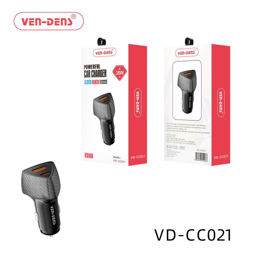 VEN-DENS VD-CC021 Φορτιστής Αυτοκινήτου με 2x Θύρες 20W-USB Type-C & 18W-USB-A - Χρώμα: Μαύρο