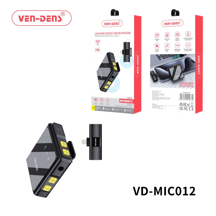 VEN-DENS VD-MIC012 Ασύρματο Μικρόφωνο με Δέκτη, Βύσμα Lightning με Μέγιστο Εύρος Εγγραφής: 15-20m - Χρώμα: Μαύρο