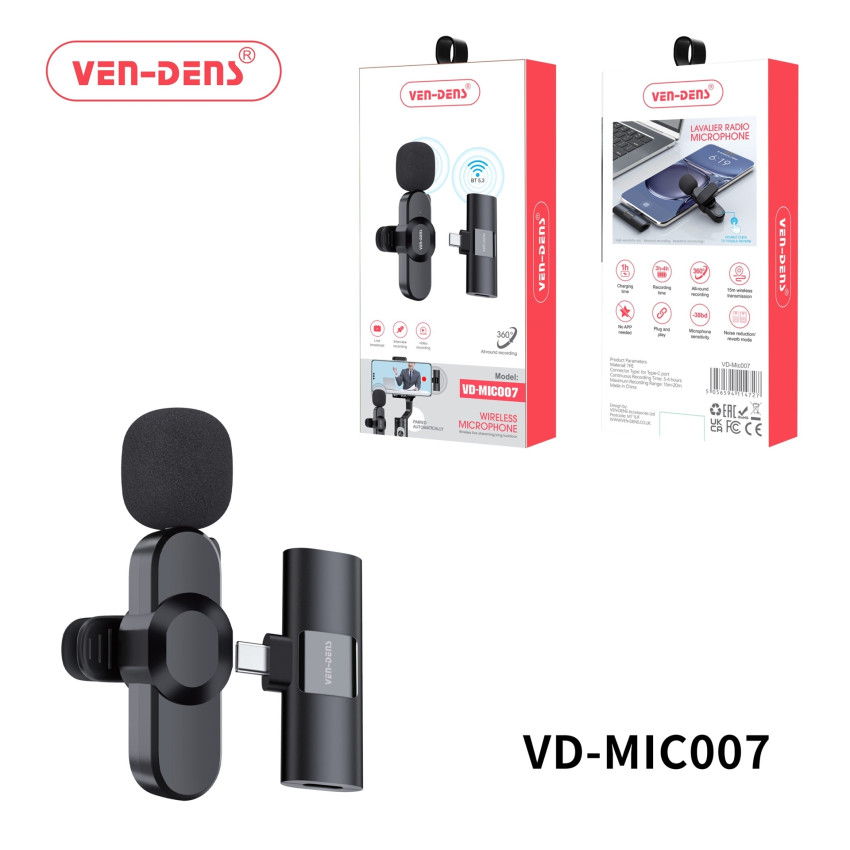 VEN-DENS VD-MIC007 Ασύρματο Μικρόφωνο με Δέκτη, Βύσμα Type-C - Χρώμα: Μαύρο