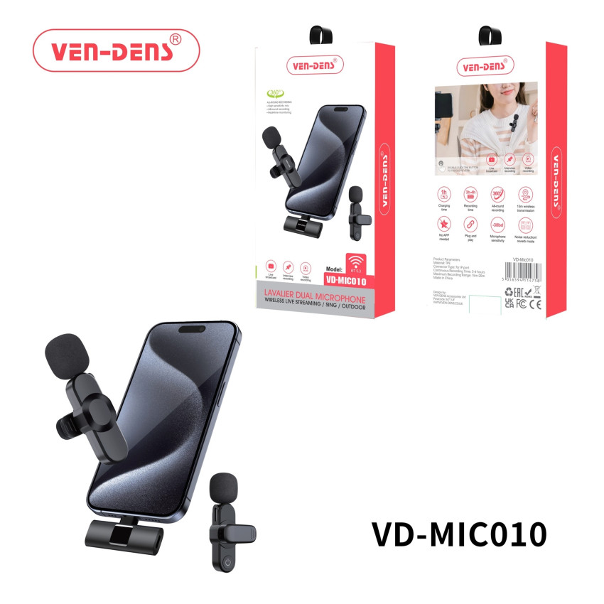 VEN-DENS VD-MIC010 Διπλό Ασύρματο Μικρόφωνο με Δέκτη, Βύσμα Lightning (2pcs) - Χρώμα: Μαύρο