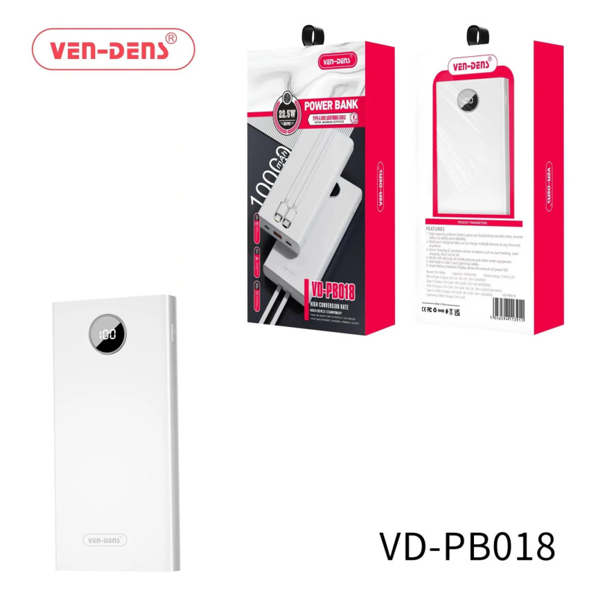VEN-DENS VD-PB018 PowerBank 22,5W Φορητός Φορτιστής με Διπλό Καλώδιο Type-C & Lightning 10000mAh - Χρώμα: Λευκό