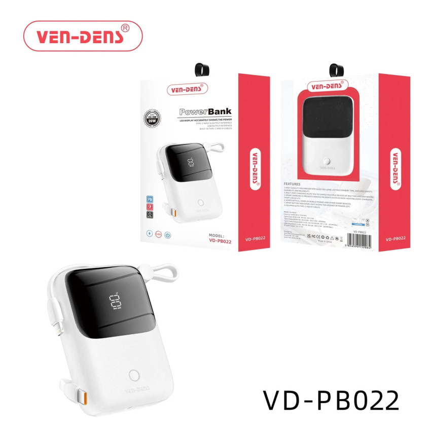 VEN-DENS VD-PB022 PowerBank 2.5W/20W LED Display Φορτιστής με Διπλό Καλώδιο Type-C & Lightning 10000mAh - Χρώμα: Λευκό