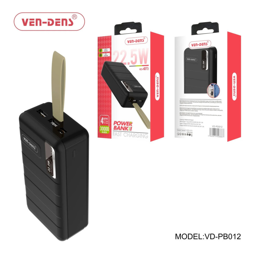VEN-DENS VD-PB012 PowerBank 22.5W Γρήγορης Φόρτισης με 2x Θύρες Εισόδου & 2x Θύρες Εξόδου 30000mAh - Χρώμα: Μαύρο