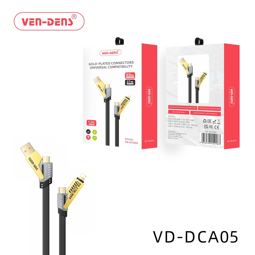VEN-DENS VD-DCA05 65W Επιχρυσωμένο Καλώδιο Φόρτισης & Μεταφοράς Δεδομένων 4-σε-1 (1.2m) - Χρώμα: Μαύρο