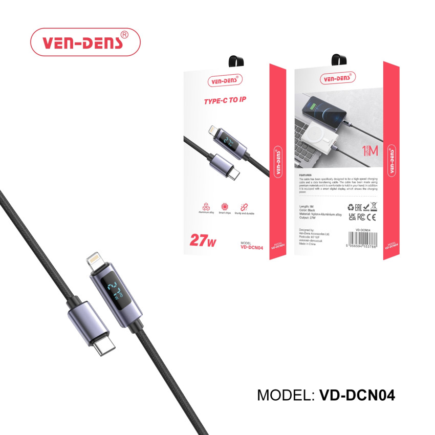 VEN-DENS VD-DCN04 27W Καλώδιο Φόρτισης & Μεταφοράς Δεδομένων με Οθόνη - LCD - USB-C σε Lightning (1m) - Χρώμα: Μαύρο