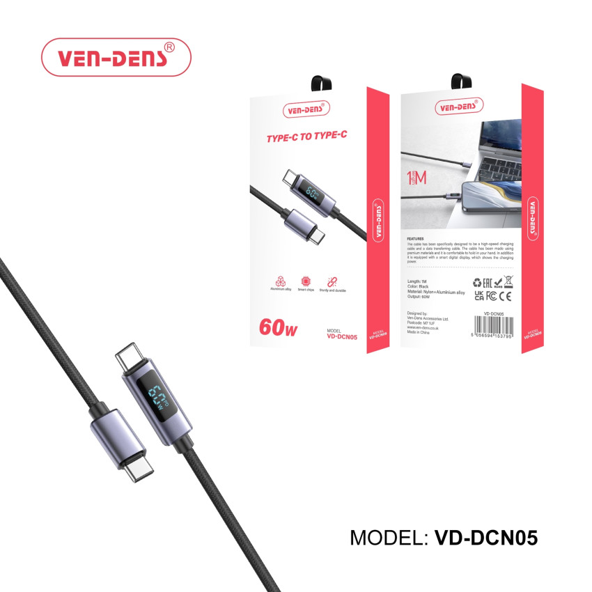 VEN-DENS VD-DCN05 60W Καλώδιο Φόρτισης & Μεταφοράς Δεδομένων με Οθόνη - LCD - USB-C σε USB-C (1m) - Χρώμα: Μαύρο