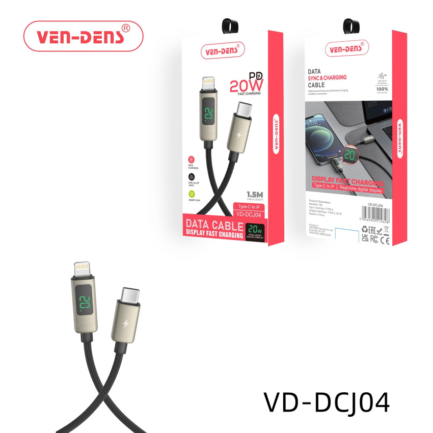 VEN-DENS VD-DCJ04 20W Καλώδιο Φόρτισης & Μεταφοράς Δεδομένων με Οθόνη - LCD - USB-C σε Lightning (1.5m) - Χρώμα: Μαύρο
