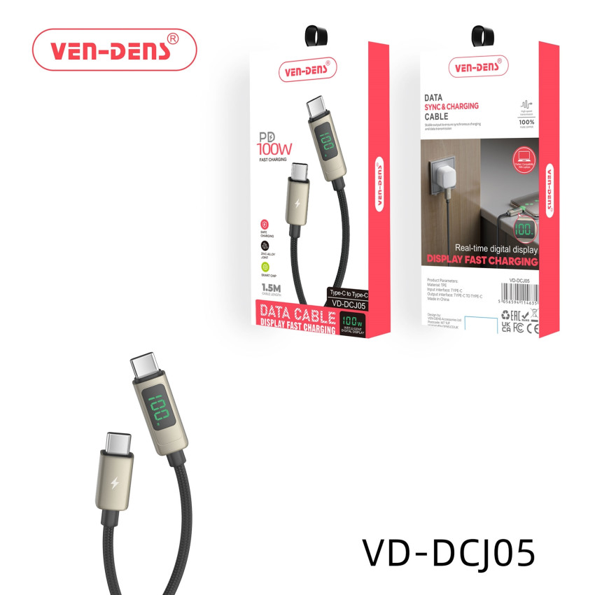 VEN-DENS VD-DCJ05 100W Καλώδιο Φόρτισης & Μεταφοράς Δεδομένων με Οθόνη - LCD - USB-C σε USB-C (1.5m) - Χρώμα: Μαύρο