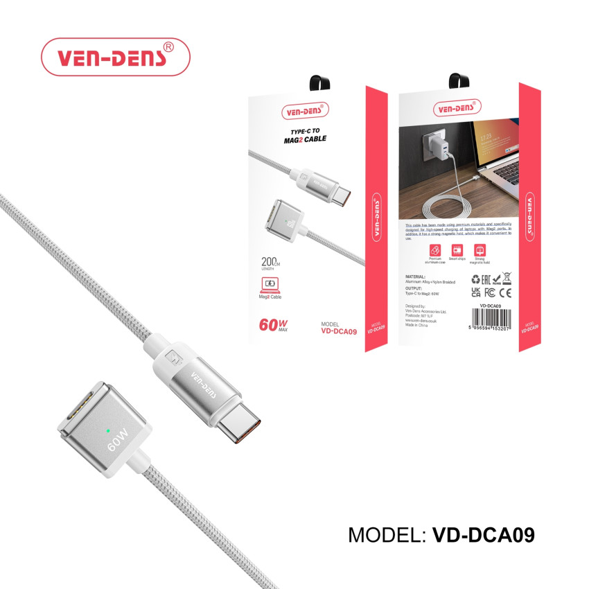 VEN-DENS VD-DCA09 60W Καλώδιο Φόρτισης & Μεταφοράς Δεδομένων Type-C σε Mag2 (2m) - Χρώμα: Μαύρο