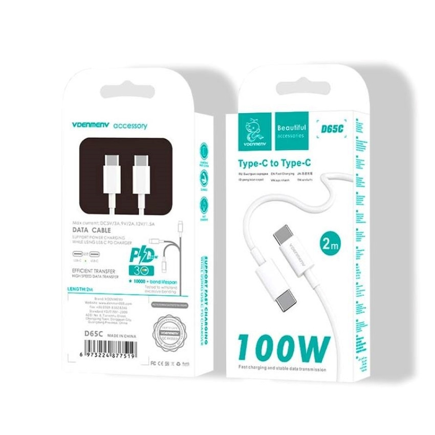 VDENMENV D65C 100W Καλώδιο Φόρτισης Type-C σε Type-C 2m – Χρώμα: Λευκό