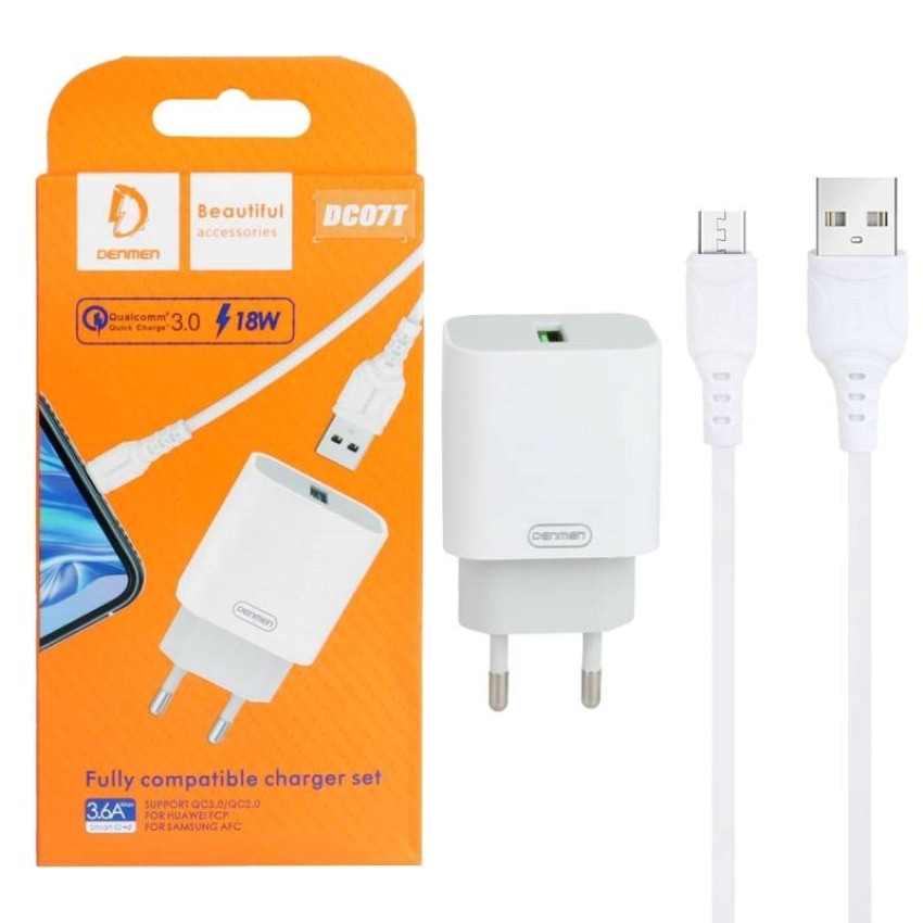 VDENMENV DC07T Φορτιστής 18W με Θύρα USB-A & Καλώδιο USB-A σε Type-C Γρήγορης Φόρτισης QC3.0 – Χρώμα: Λευκό
