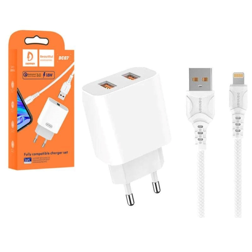 VDENMENV DC07L Φορτιστής 18W με Θύρα USB-A & Καλώδιο USB-A σε Lighting Γρήγορης Φόρτισης QC3.0 – Χρώμα: Λευκό