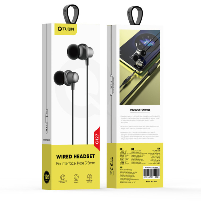 TUQIN QI27 Handsfree Ακουστικά με Βύσμα 3.5mm Jack με το Κουμπί Απάντησης Κλήσης - Χρώμα: Μαύρο