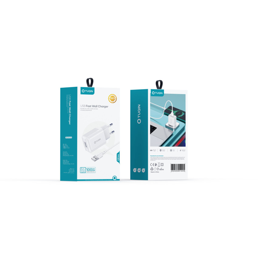 TUQIN QE44 Φορτιστής με Θύρα USB-A & Καλώδιο USB-A σε Type-C Γρήγορης Φόρτισης 1m - Χρώμα: Λευκό
