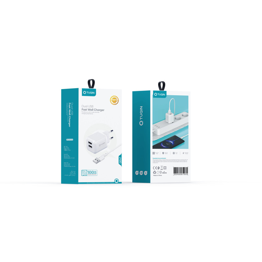 TUQIN QE47 Φορτιστής με 2X Θύρες USB-A & Καλώδιο USB-A σε Type-C Γρήγορης Φόρτισης 1m - Χρώμα: Λευκό
