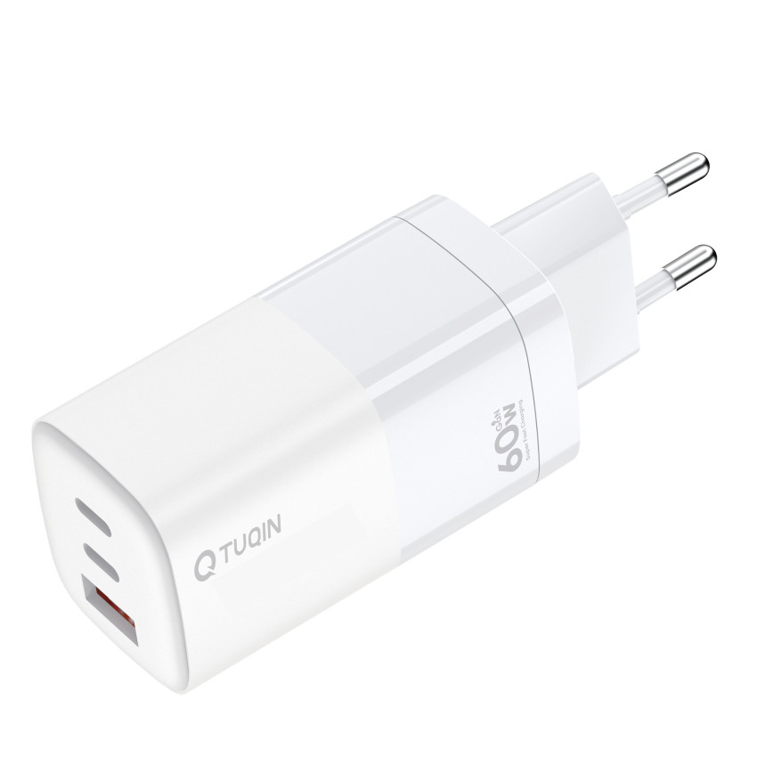 TUQIN QE30-C&C 60W Φορτιστής με 2x Θύρες USB-C & 1x Θύρα USB-A με Καλώδιο Type-C σε Type-C Γρήγορης Φόρτισης 1m - Χρώμα: Λευκό