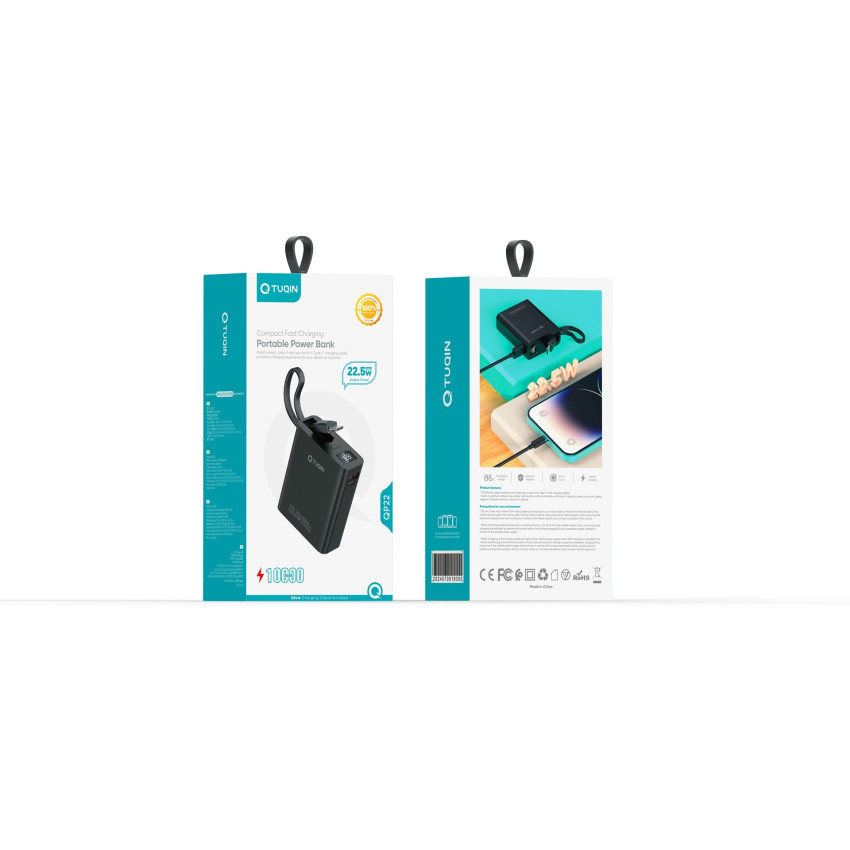TUQIN QP22 PowerBank 10000mAh 22.5W με Γρήγορη Φόρτιση με 1x Θύρα USB-A & 1x Θύρα Type-C & Καλώδιο Type-C - Χρώμα: Μαύρο