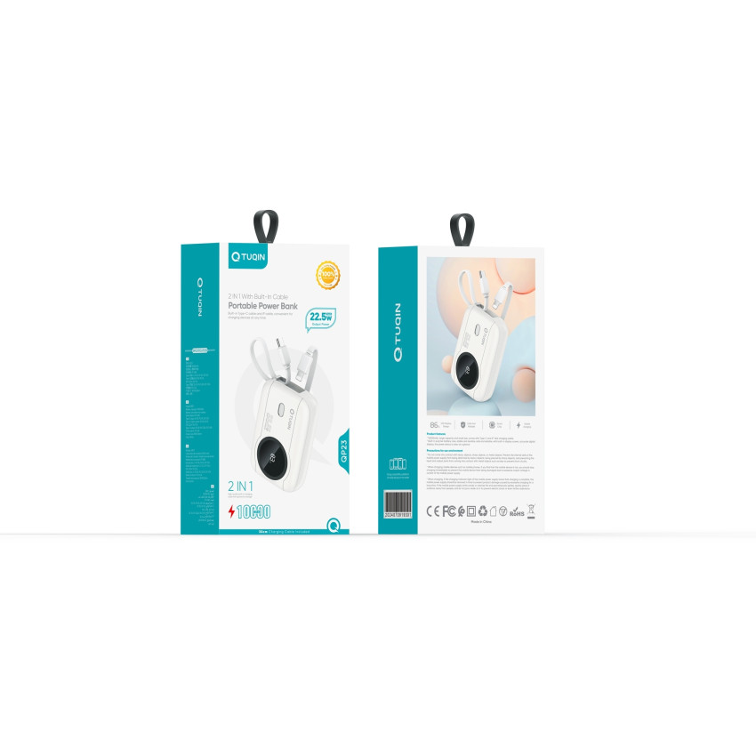 TUQIN QP23 PowerBank 10000mAh 22.5W με Γρήγορη Φόρτιση με 2 Καλώδια Type-C & Lightning - Χρώμα: Λευκό