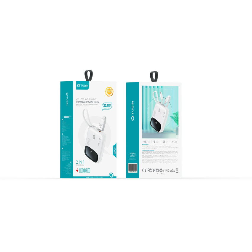 TUQIN QP24 PowerBank 10000mAh 22.5W με Γρήγορη Φόρτιση με 2 Καλώδια Type-C & Lightning - Χρώμα: Λευκό