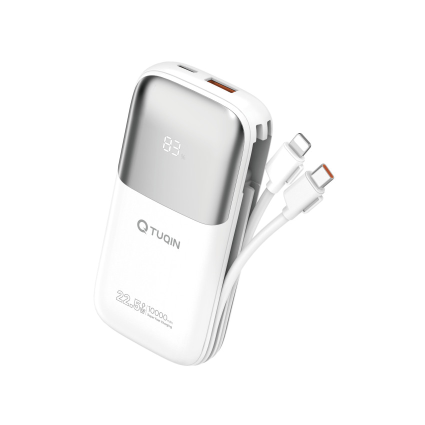 TUQIN QP27 PowerBank 10000mAh 22.5W με Γρήγορη Φόρτιση με 2 Θύρες & Καλώδιο Type-C & Lightning - Χρώμα: Λευκό