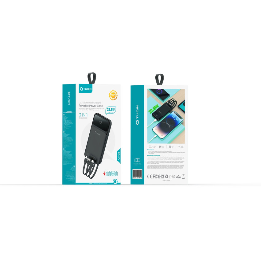 TUQIN QP28 PowerBank 10000mAh 22.5W με Γρήγορη Φόρτιση με 3x Θύρες & Καλώδιο Type-C - Lightning - USB-A - Χρώμα: Μαύρο