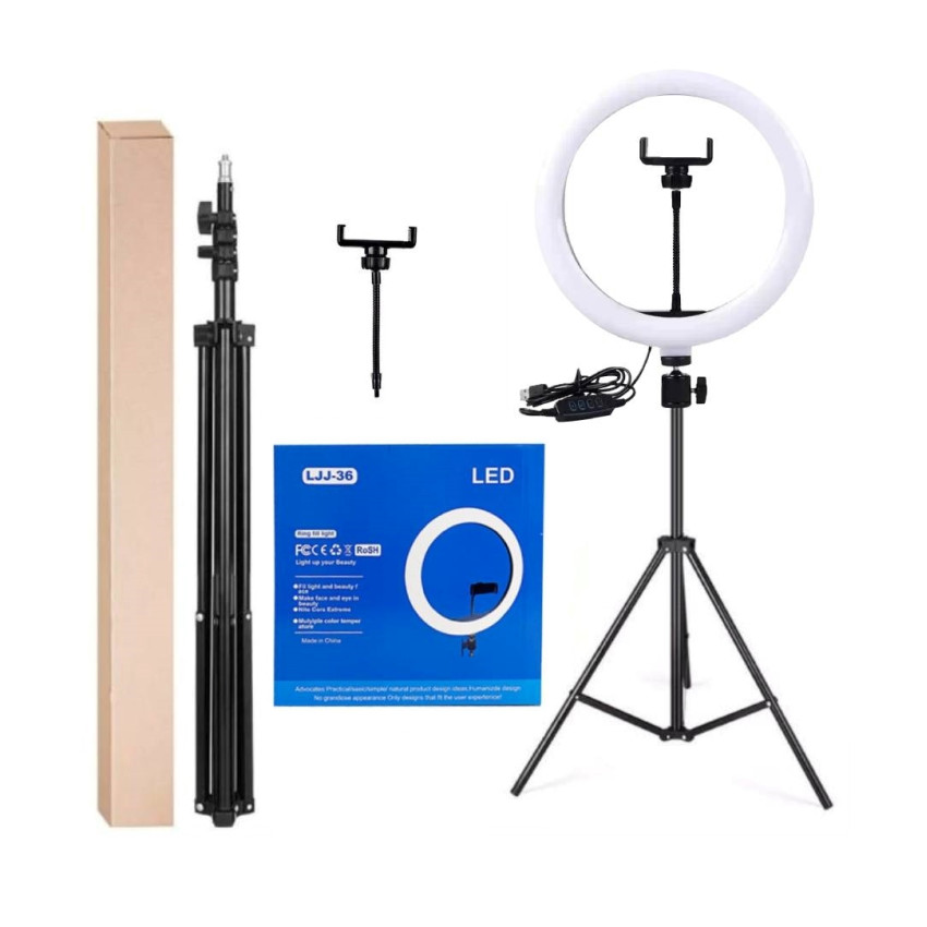LJJ-36 36cm Ring LED Light με Τρίποδο Δαπέδου & Βάση για Κινητό 14" Inches - Χρώμα: Μαύρο