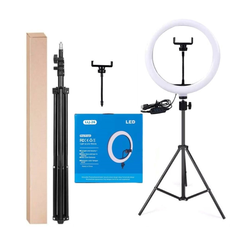 LJJ-26 26cm Ring LED Light με Τρίποδο Δαπέδου & Βάση για Κινητό 10" Inches - Χρώμα: Μαύρο