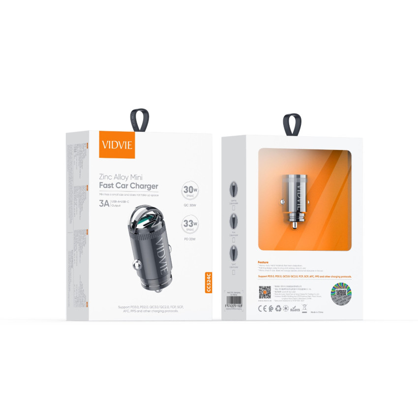 VIDVIE CC524C-T Φορτιστής Αυτοκινήτου με 33W Θύρα USB-A & 30W Θύρα USB Type-C με Καλώδιο Type-C σε Type-C - Χρώμα: Μαύρο