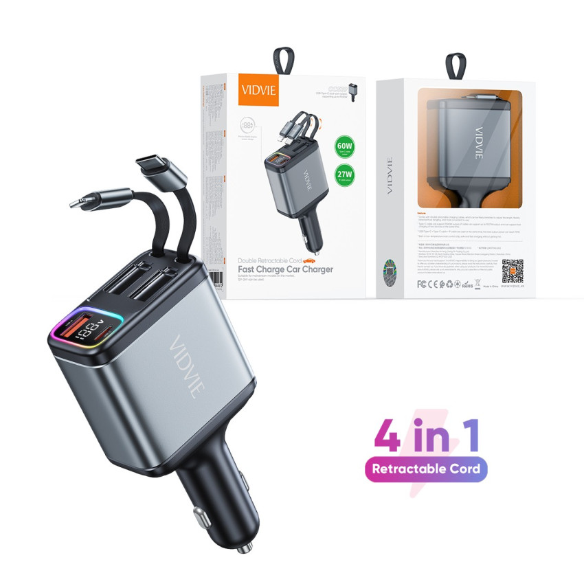 VIDVIE CC539 Φορτιστής Αυτοκινήτου 27W με Θύρα USB-A & 27W Θύρα USB Type-C με 60W Kαλώδιο Type-C & 27W καλώδιο Lightning - Χρώμα: Μαύρο