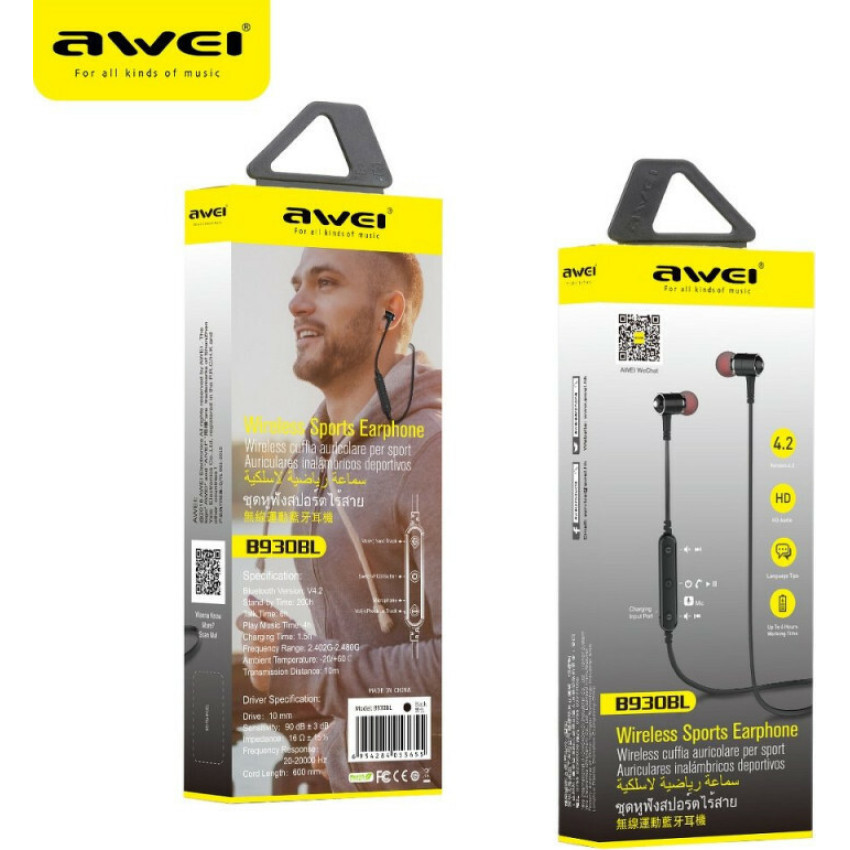 Awei B930BL In-Ear Bluetooth Handsfree Ακουστικά με Αντοχή στον Ιδρώτα - Χρώμα: Μαύρο