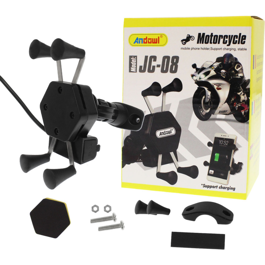 Andowl JC-08 Βάση Κινητού Μοτοσυκλέτας με Ρυθμιζόμενο Βραχίονα για το Τιμόνι & Φορτιστή - Χρώμα: Μαύρο