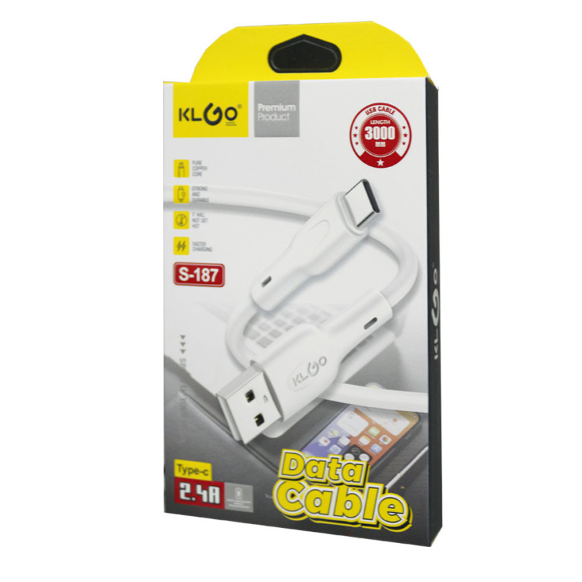 KLGO S-187 Καλώδιο Φόρτισης & Μεταφοράς Δεδομένων USB-A σε Type-C 2.4A 3m - Χρώμα: Λευκό